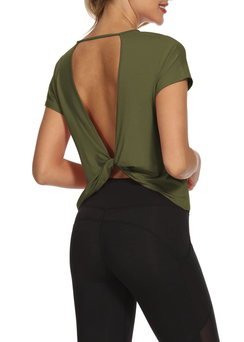 Mippo Workout Tops Short Sleeve Gym Shirts Backless Open Back Top Womens Athletic Workout Shirt Gym Clothes Army Green M - Image 4